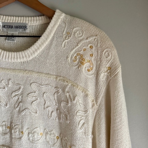Vintage 90’s Victoria Harbour Cream Beaded Tunic Crewneck Pullover Sweater Large - Picture 4 of 8